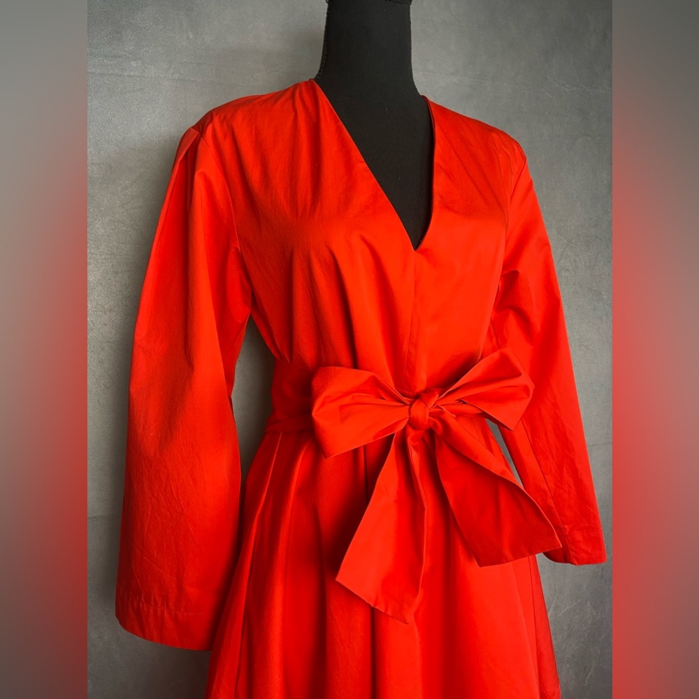 Red Midi Wrap Dress with Balloon Sleeves - Picture 6 of 10